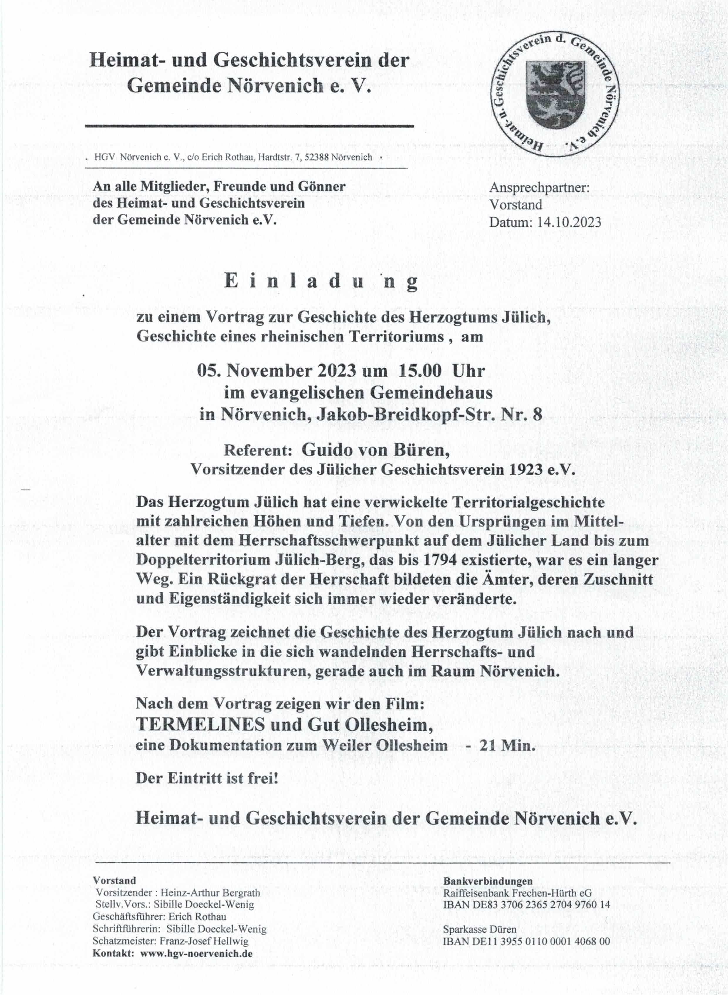Einladung Vortrag Geschichte des Herzogtums Jülich