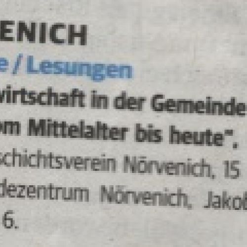 Hinweis zum Vortrag/Lesung "Landwirtschaft in der Gemeinde Nörvenich vom Mittelalter bis heute" am 10.11.2019