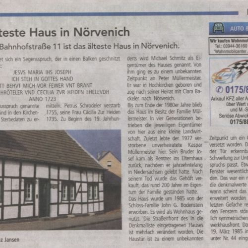 Das älteste Haus in Nörvenich - Das Haus Bahnhofstraße 11 ist das älteste Haus in Nörvenich erbaut 1723