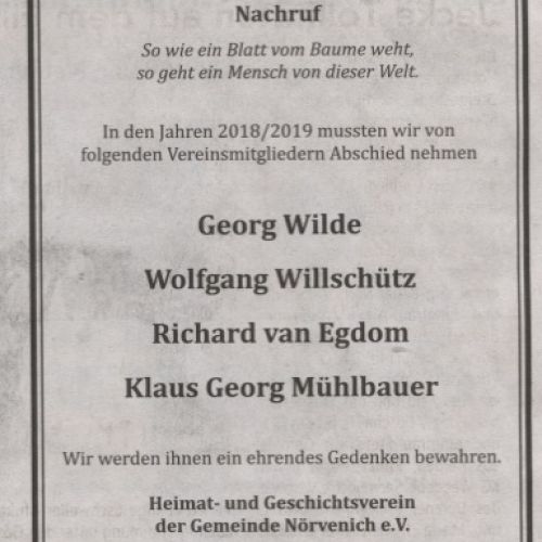 Nachruf 2018/2019 - Georg Wilde, Wolfgang Willschütz, Richard voan Egdom, Klaus Georg Mühlbauer
