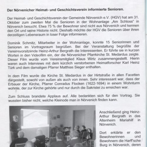 Pressemitteilung im Pfarrbrief Dezember 2019 - Der Nörvenicher Heimat und Geschichtsverein informierte Senioren am 31.10.2019 zum zweiten Mal